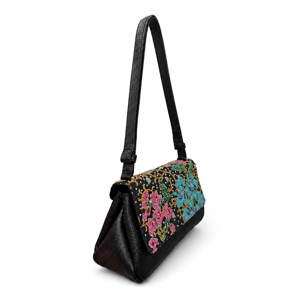 (CBLGB-ORTURPNK-BLK) Turquoise Pink Orchid Black Leather Gusset Shoulder & Crossbody Bag