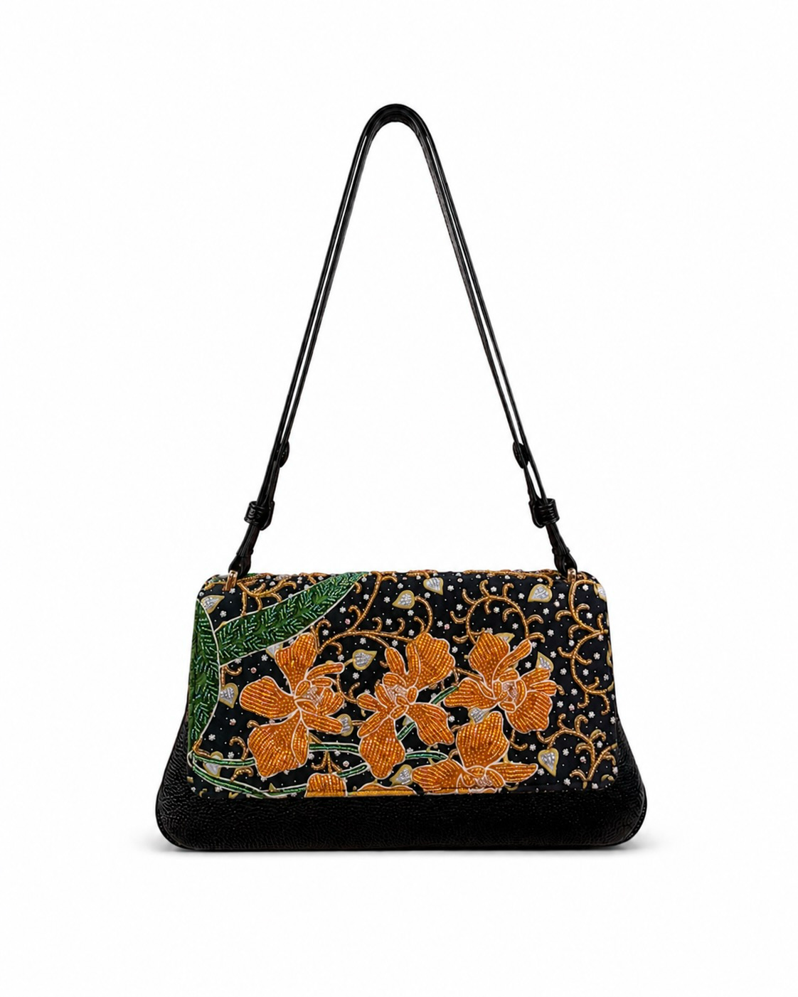 (CBLGB-ORYLW-BLK) Yellow Orchid Black Leather Gusset Shoulder & Crossbody Bag