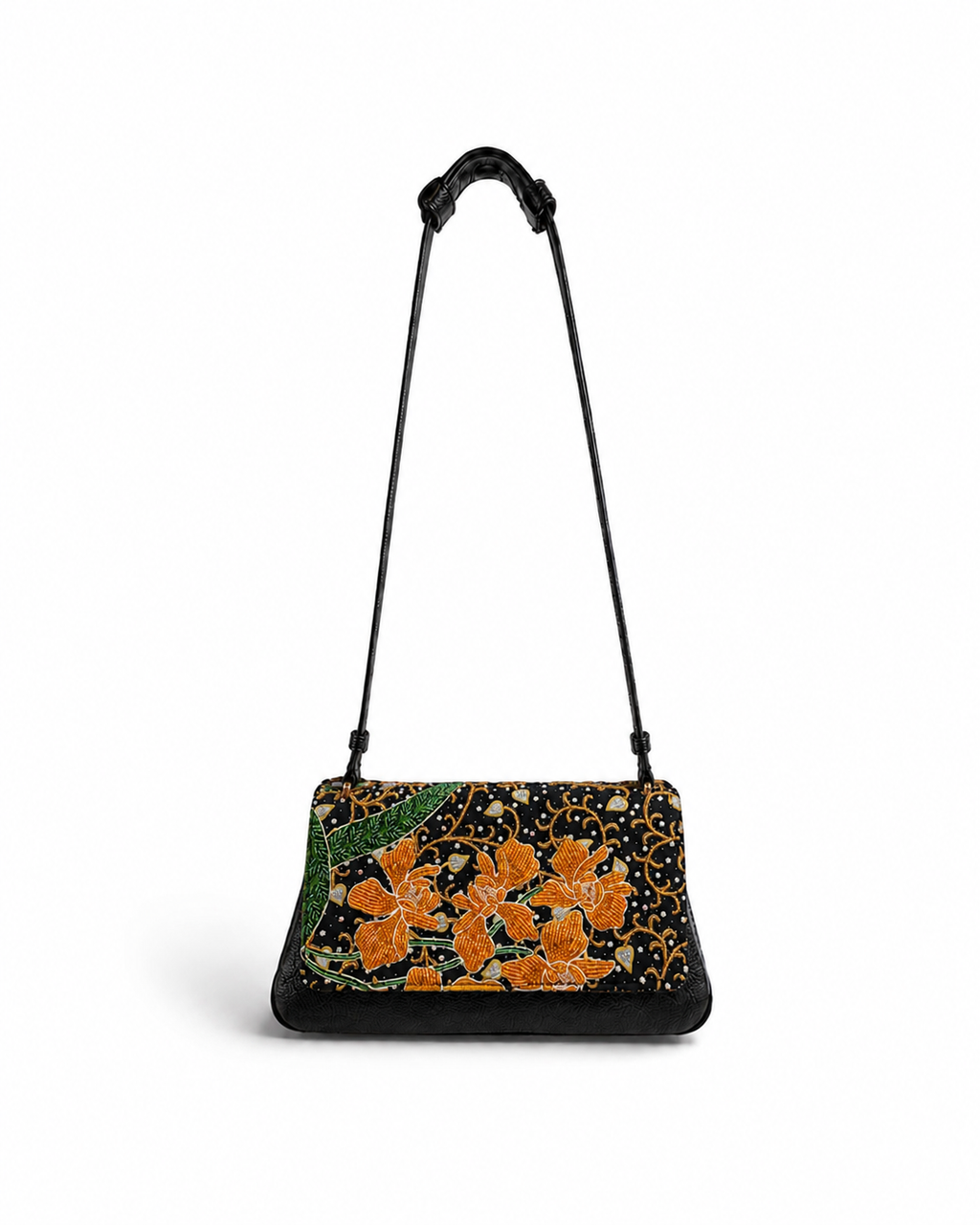(CBLGB-ORYLW-BLK) Yellow Orchid Black Leather Gusset Shoulder & Crossbody Bag
