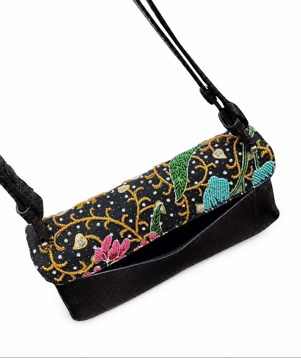(CBLGB-ORYLW-BLK) Yellow Orchid Black Leather Gusset Shoulder & Crossbody Bag
