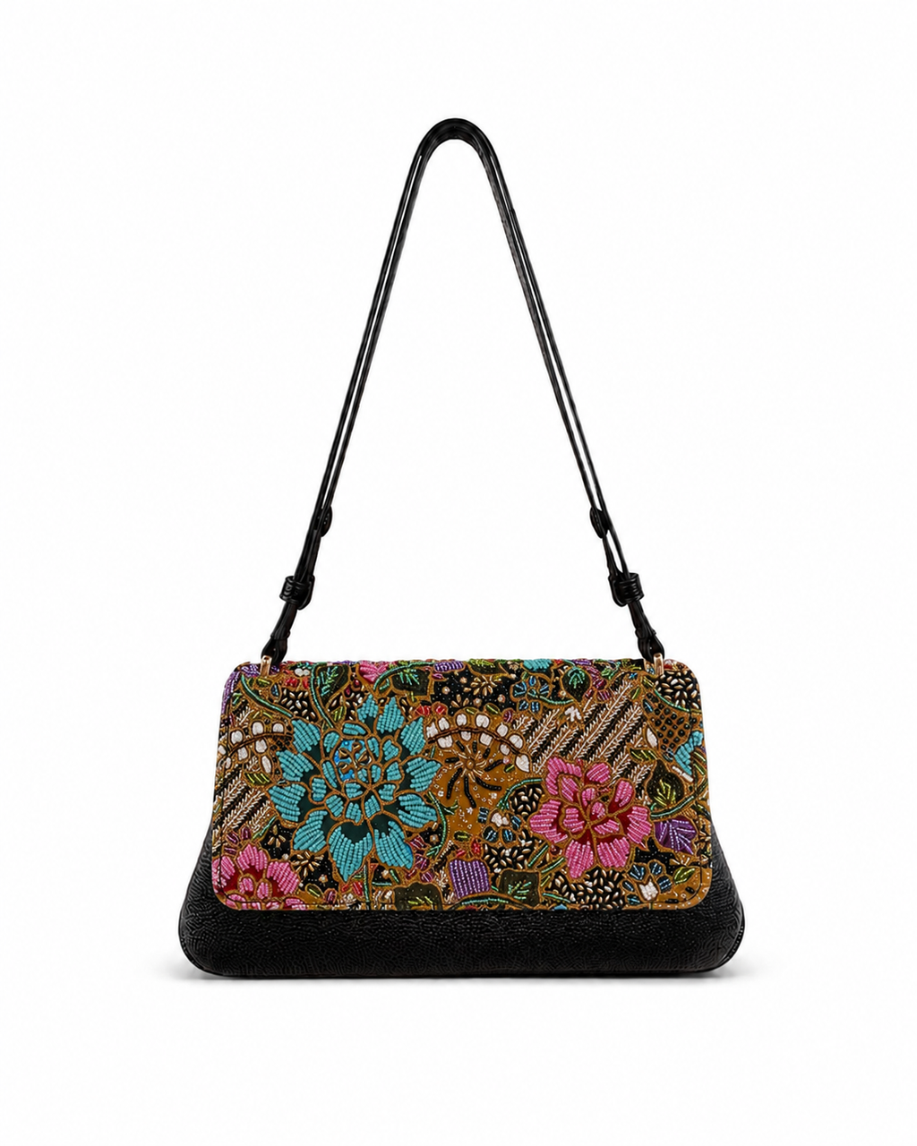 (CBLGB-PF-BLK) Black Peony Flower Leather Gusset Shoulder & Crossbody Bag