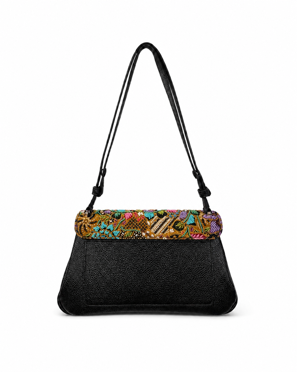 (CBLGB-PF-BLK) Black Peony Flower Leather Gusset Shoulder & Crossbody Bag