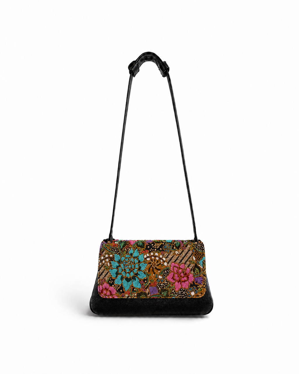 (CBLGB-PF-BLK) Black Peony Flower Leather Gusset Shoulder & Crossbody Bag