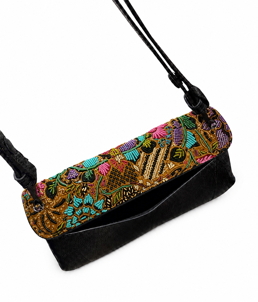 (CBLGB-PF-BLK) Black Peony Flower Leather Gusset Shoulder & Crossbody Bag
