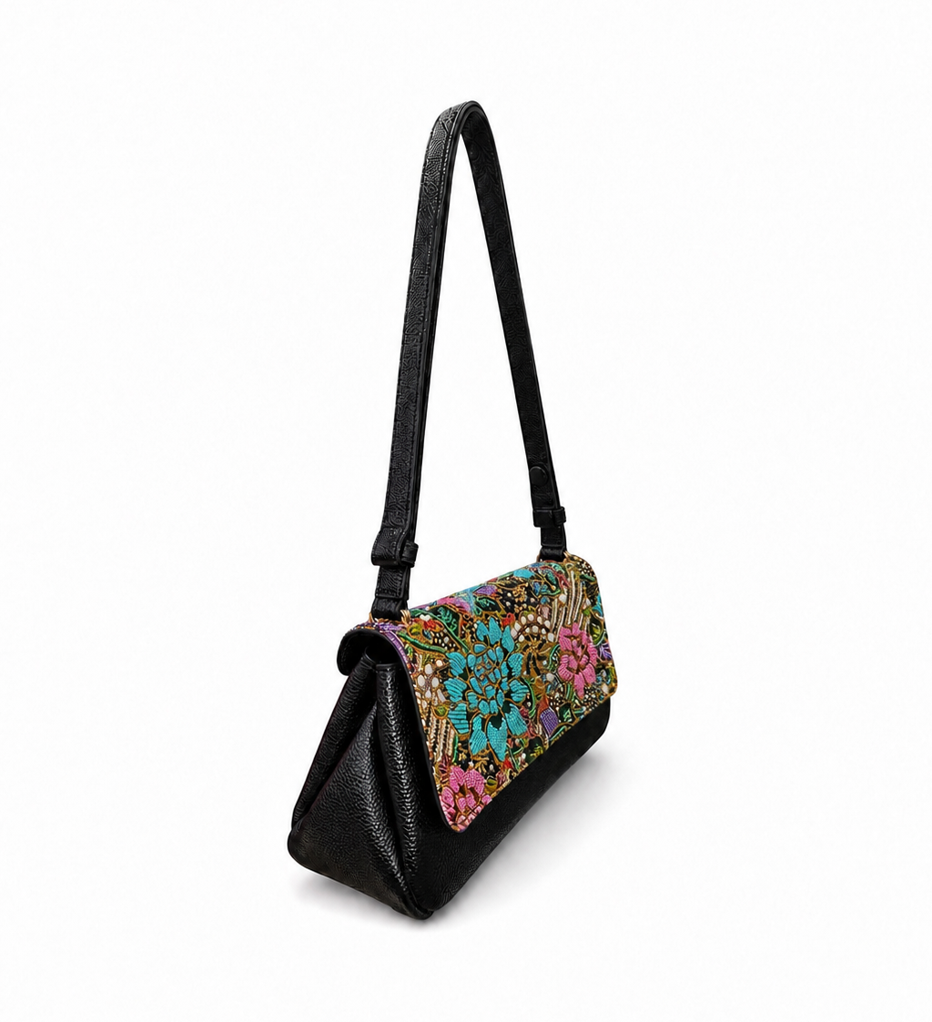 (CBLGB-PF-BLK) Black Peony Flower Leather Gusset Shoulder & Crossbody Bag
