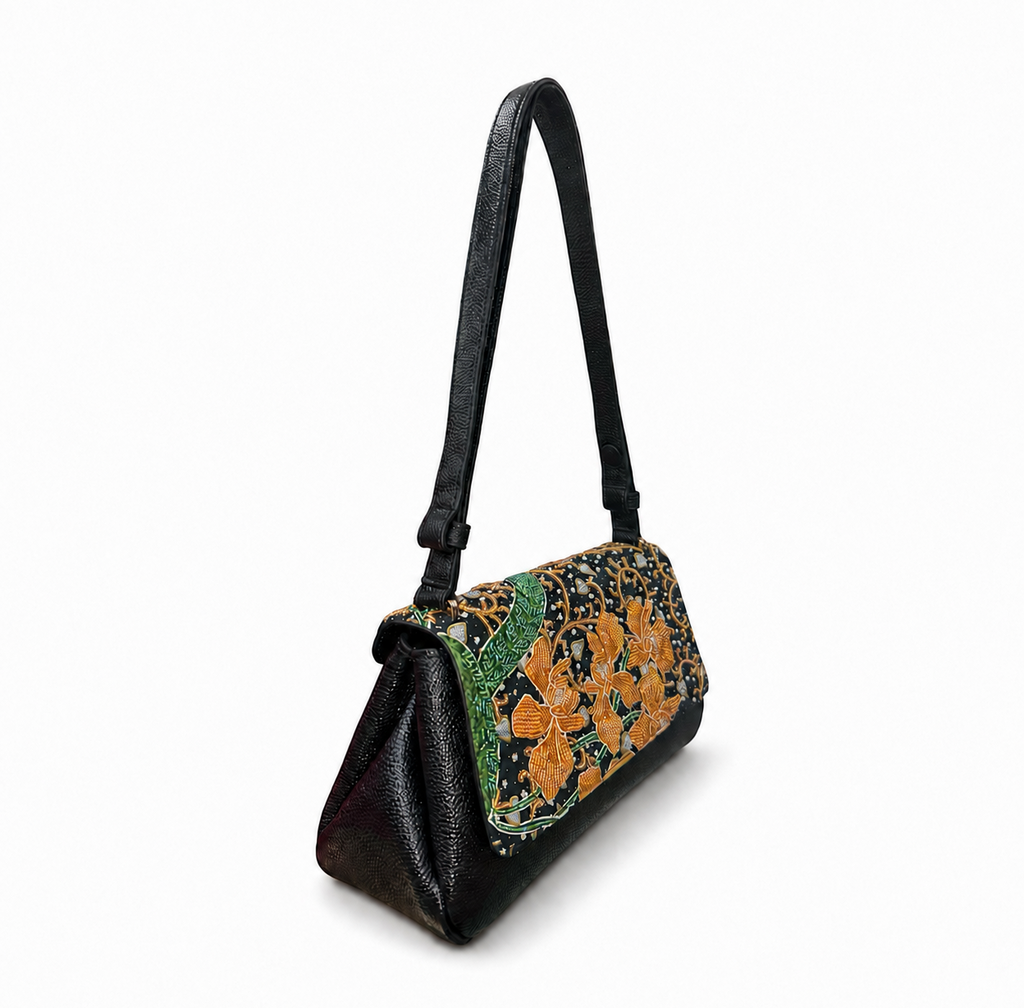 (CBLGB-ORYLW-BLK) Yellow Orchid Black Leather Gusset Shoulder & Crossbody Bag