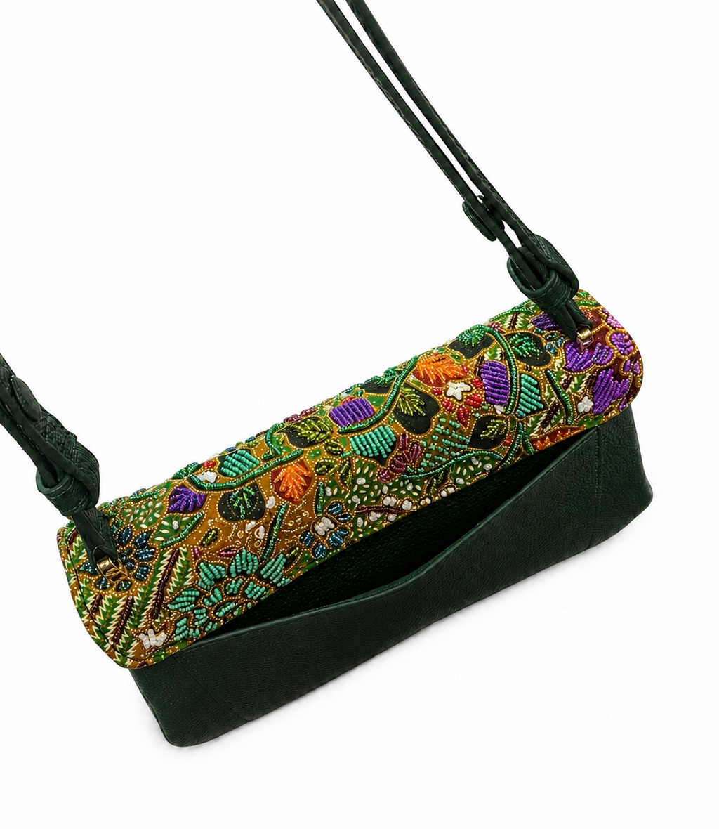 (CBLGB-PFTURORG-GRN) Turquoise Orange Peony Flower Green Leather Gusset Shoulder & Crossbody Bag (Copy)