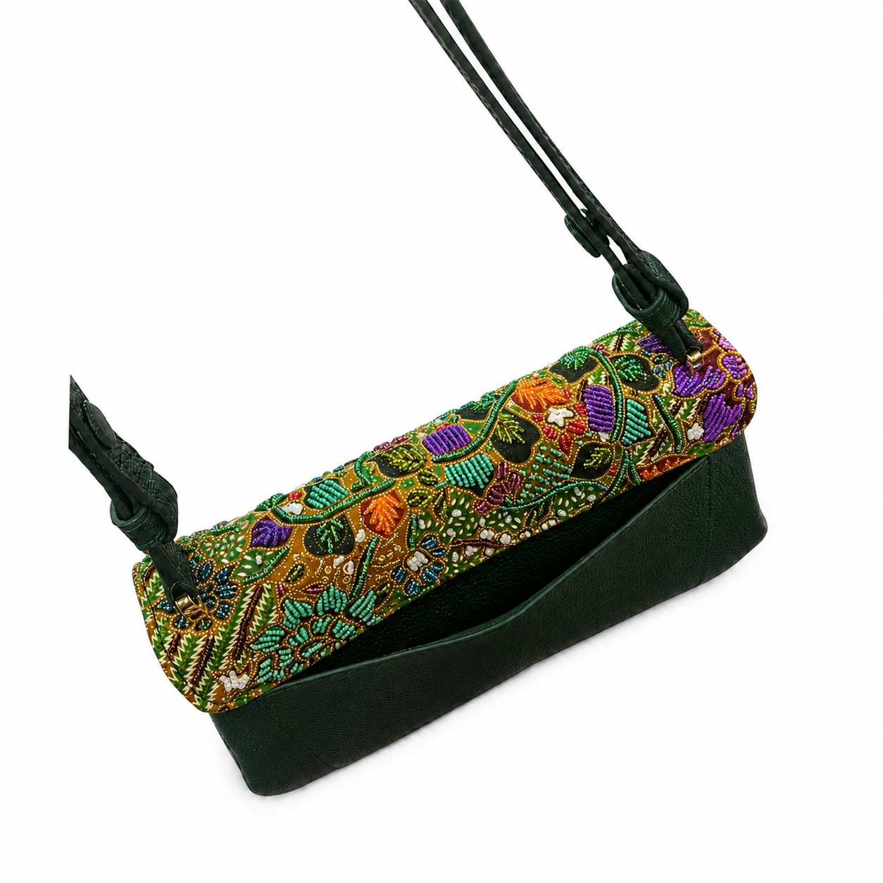(CBLGB-PFTURORG-GRN) Turquoise Orange Peony Flower Green Leather Gusset Shoulder & Crossbody Bag (Copy)
