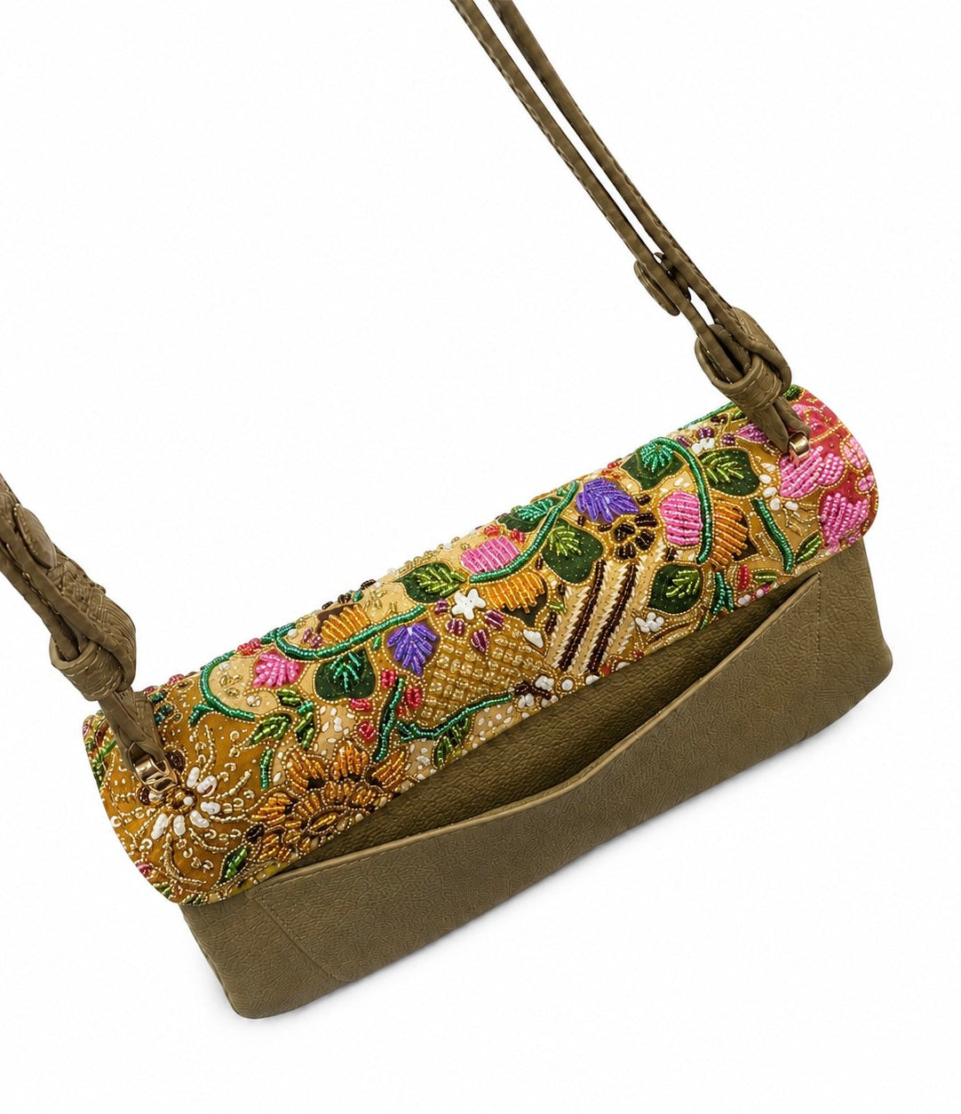 (CBLGB-PFYLWPUR-BEI) Yellow Purple Peony Flower Beige Leather Gusset Shoulder & Crossbody Bag