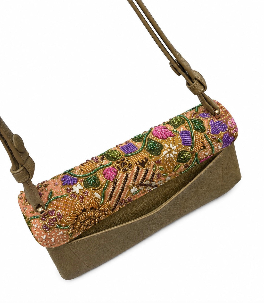 (CBLGB-PFYLWPNK-BEIPCH) Yellow Pink Peony Flower Beige Peach Leather Gusset Shoulder & Crossbody Bag