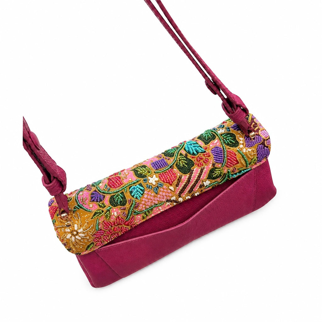 (CBLGB-PFPNKTUR-PNK) Pink Turquoise Peony Flower Pink Leather Gusset Shoulder & Crossbody Bag