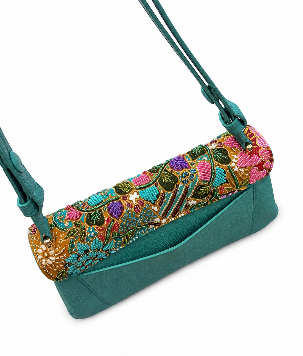 (CBLGB-PFTURPUR-TUR) Turquoise Purple Peony Flower Turquoise Leather Gusset Shoulder & Crossbody Bag