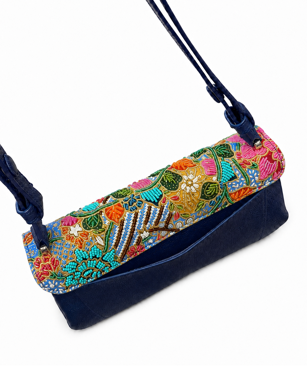 (CBLGB-PFTURORG-BLU) Turquoise Orange Peony Flower Blue Leather Gusset Shoulder & Crossbody Bag