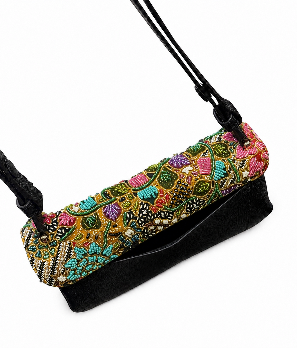 (CBLGB-PFTURPUR-BLK) Turquoise Purple Peony Flower Black Leather Gusset Shoulder & Crossbody Bag