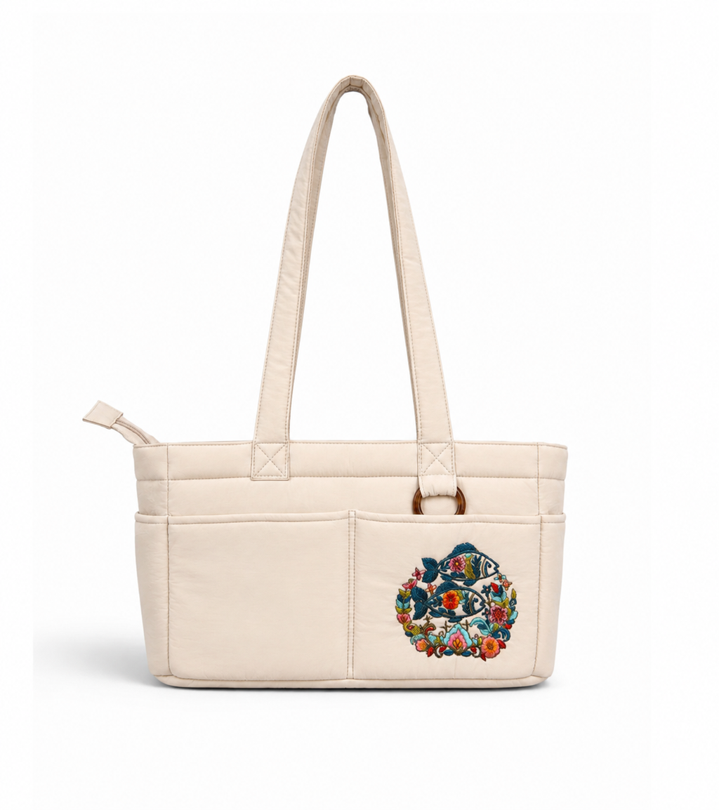 (TTCPEBB-FF-CRM) Cream Puffer Flower Fish Embroidery Boston Bag