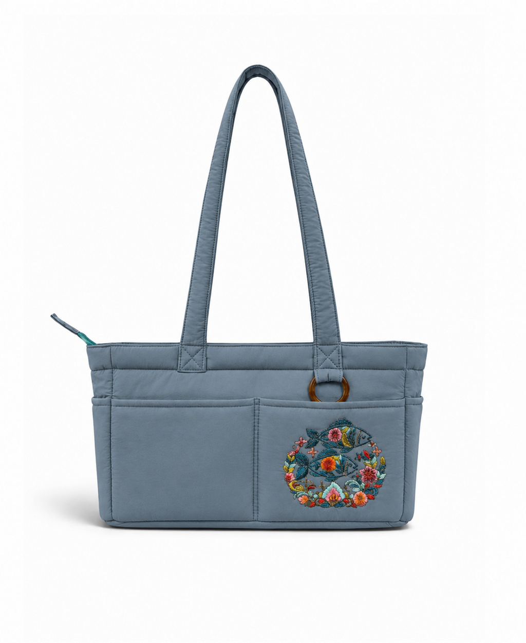 (TTCPEBB-FF-DUB) Dusty Blue Puffer Flower Fish Embroidery Boston Bag