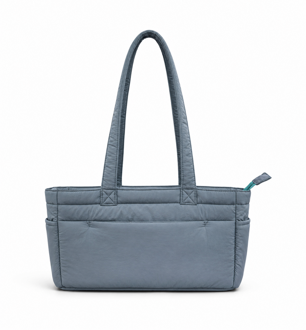 (TTCPEBB-FF-DUB) Dusty Blue Puffer Flower Fish Embroidery Boston Bag