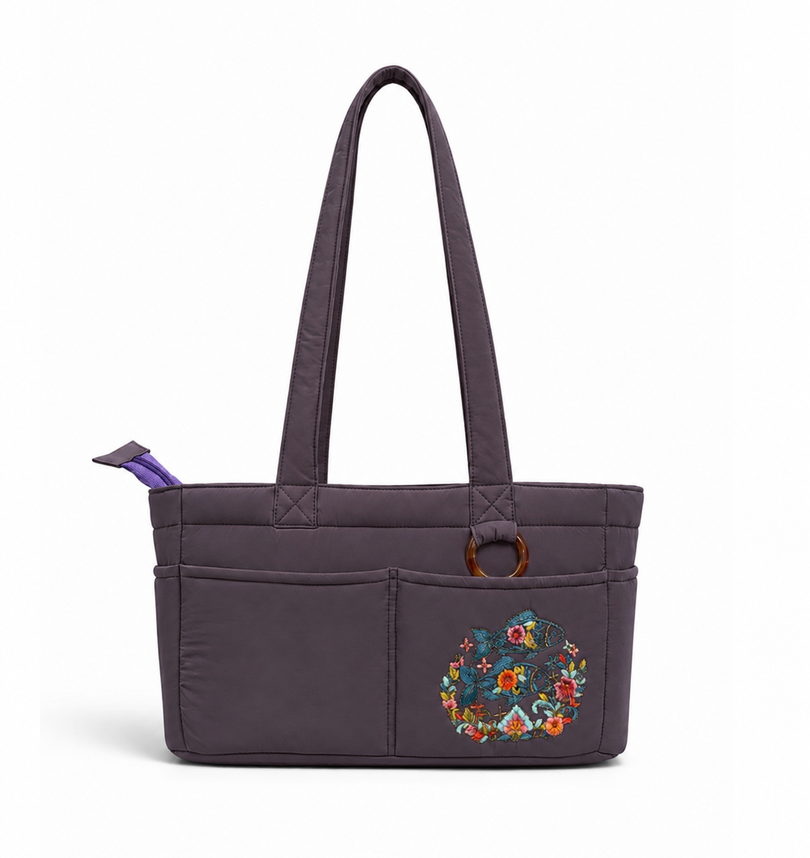 (TTCPEBB-FF-DUP) Dusty Purple Puffer Flower Fish Embroidery Boston Bag
