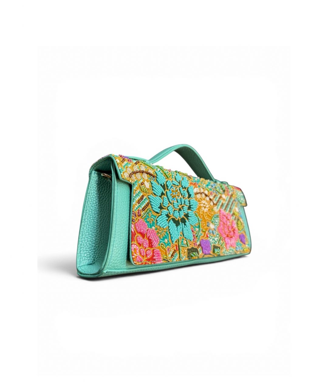 (TTCLTB-PFTURPNK-TUR) Turquoise Pink Peony Flower Turquoise Leather Trapeze Bag