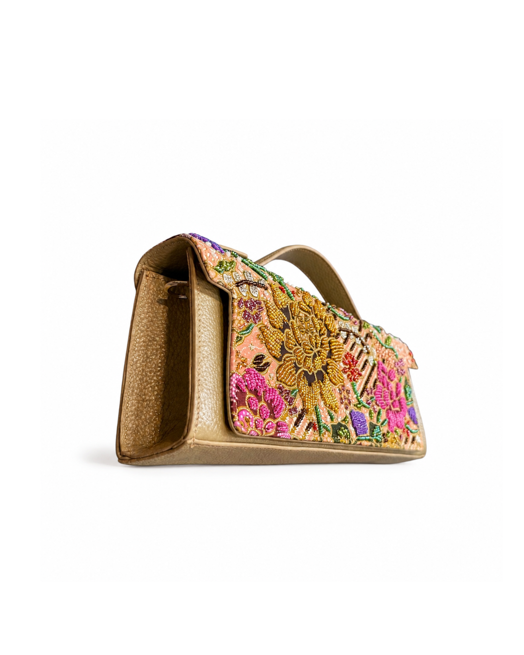 (TTCLTB-PFYLWPNK-BEI) Yellow Pink Peony Flower Beige Leather Trapeze Bag