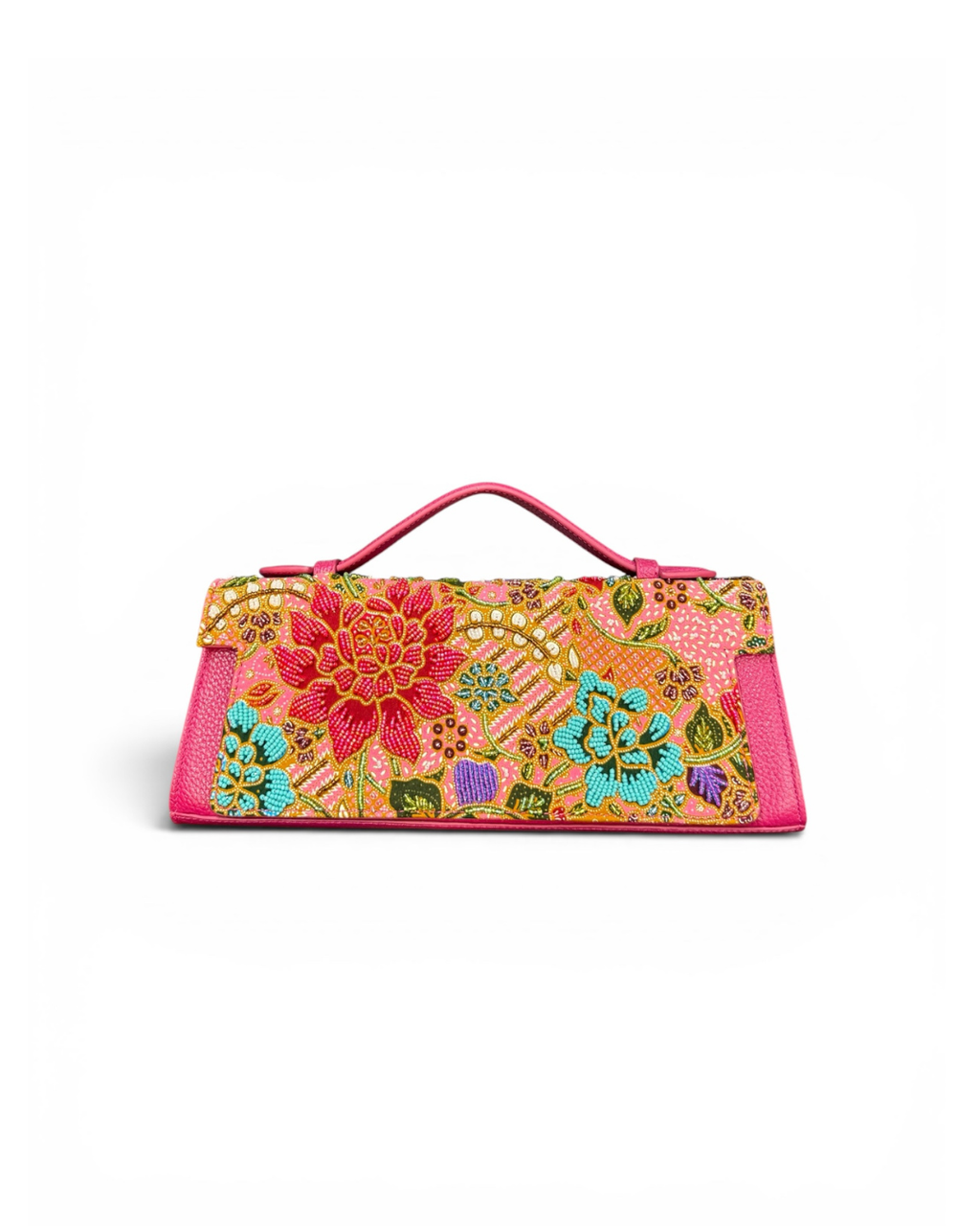 (TTCLTB-PFPNKTUR-PNK) Pink Turquoise Peony Flower Pink Leather Trapeze Bag