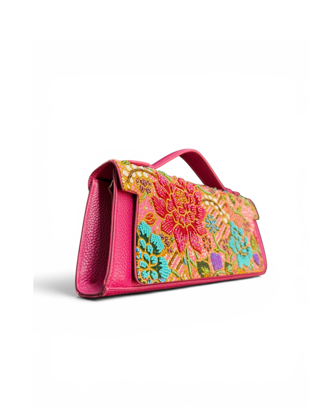 (TTCLTB-PFPNKTUR-PNK) Pink Turquoise Peony Flower Pink Leather Trapeze Bag