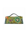 (TTCLTB-PFTURORG-GRN) Turquoise Orange Peony Flower Green Leather Trapeze Bag