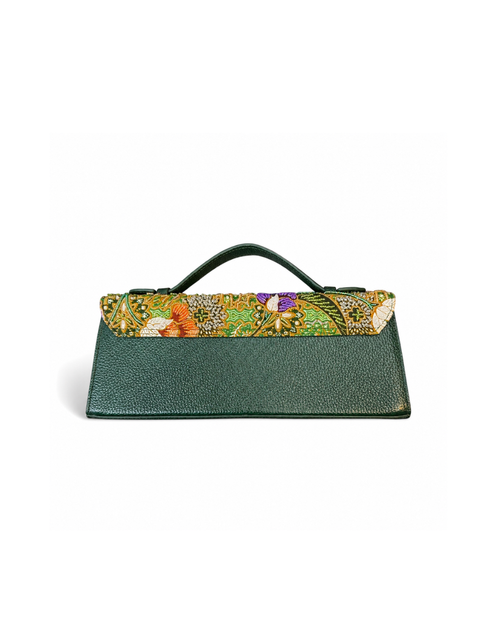 (TTCLTB-PFTURORG-GRN) Turquoise Orange Peony Flower Green Leather Trapeze Bag
