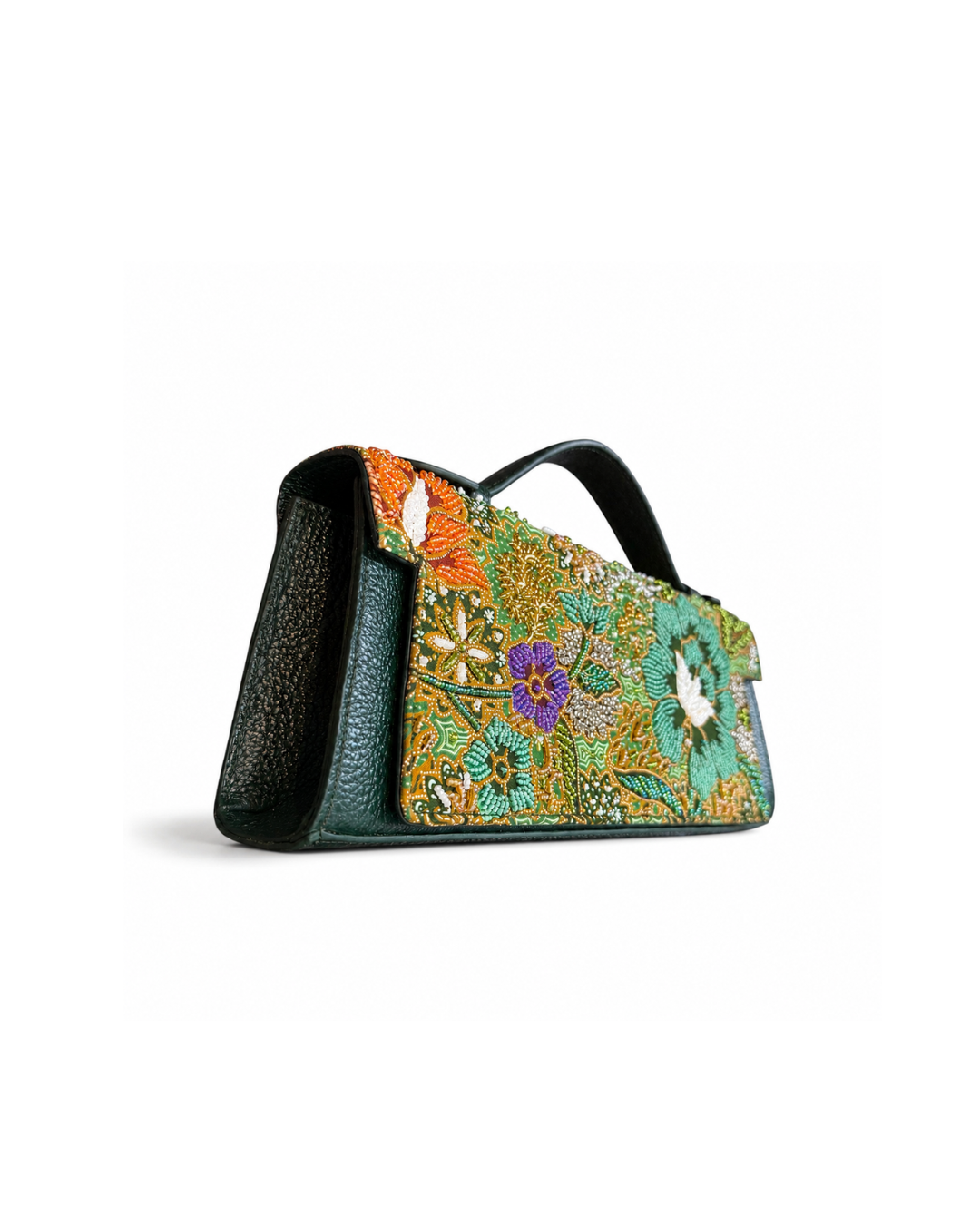 (TTCLTB-PFTURORG-GRN) Turquoise Orange Peony Flower Green Leather Trapeze Bag