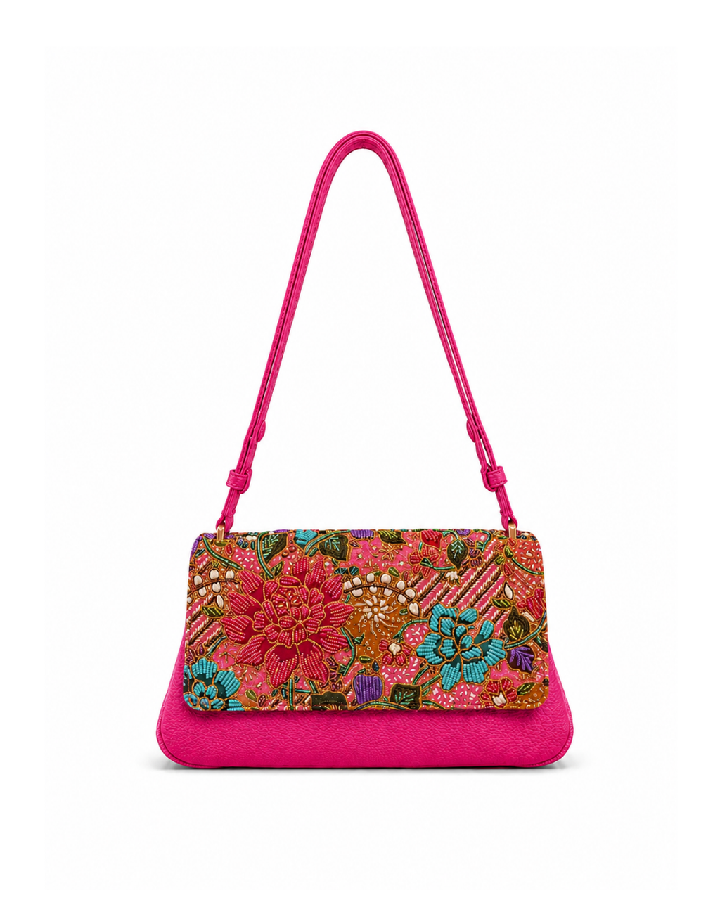 (CBLGB-PFPNKTUR-PNK) Pink Turquoise Peony Flower Pink Leather Gusset Shoulder & Crossbody Bag