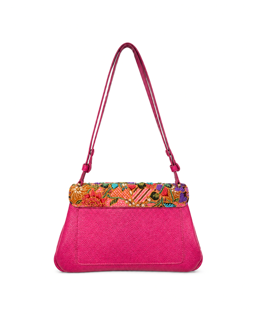 (CBLGB-PFPNKTUR-PNK) Pink Turquoise Peony Flower Pink Leather Gusset Shoulder & Crossbody Bag