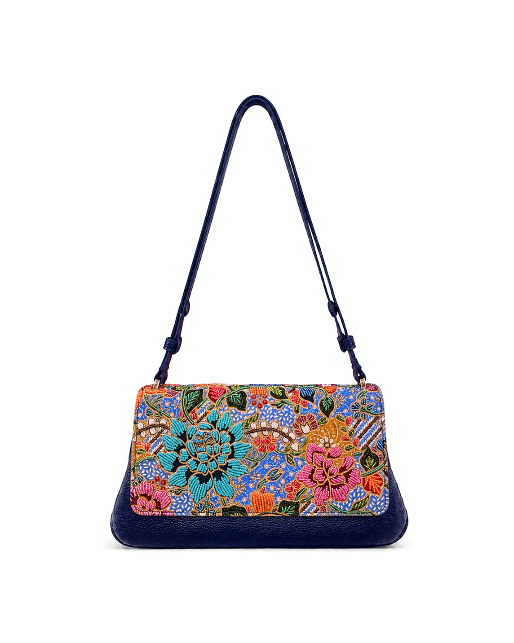 (CBLGB-PFTURPNK-BLU) Turquoise Pink Peony Flower Blue Leather Gusset Shoulder & Crossbody Bag