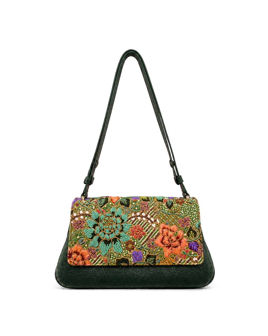 (CBLGB-PFTURORG-GRN) Turquoise Orange Peony Flower Green Leather Gusset Shoulder & Crossbody Bag (Copy)