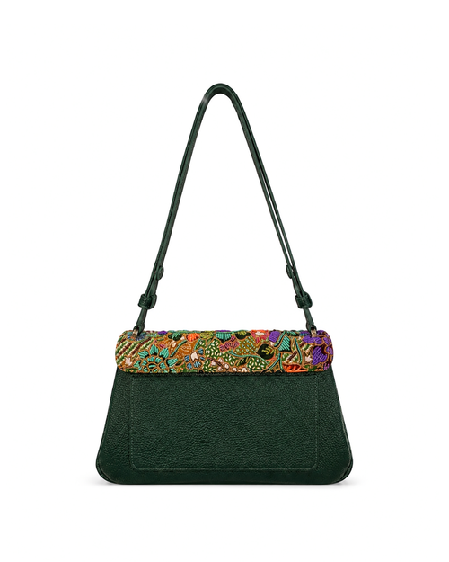 (CBLGB-PFTURORG-GRN) Turquoise Orange Peony Flower Green Leather Gusset Shoulder & Crossbody Bag (Copy)