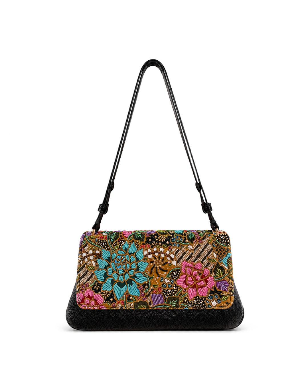 (CBLGB-PFTURPNK-BLK) Turquoise Pink Peony Flower Black Leather Gusset Shoulder & Crossbody Bag