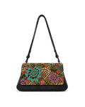 (CBLGB-PFTURPUR-BLK) Turquoise Purple Peony Flower Black Leather Gusset Shoulder & Crossbody Bag