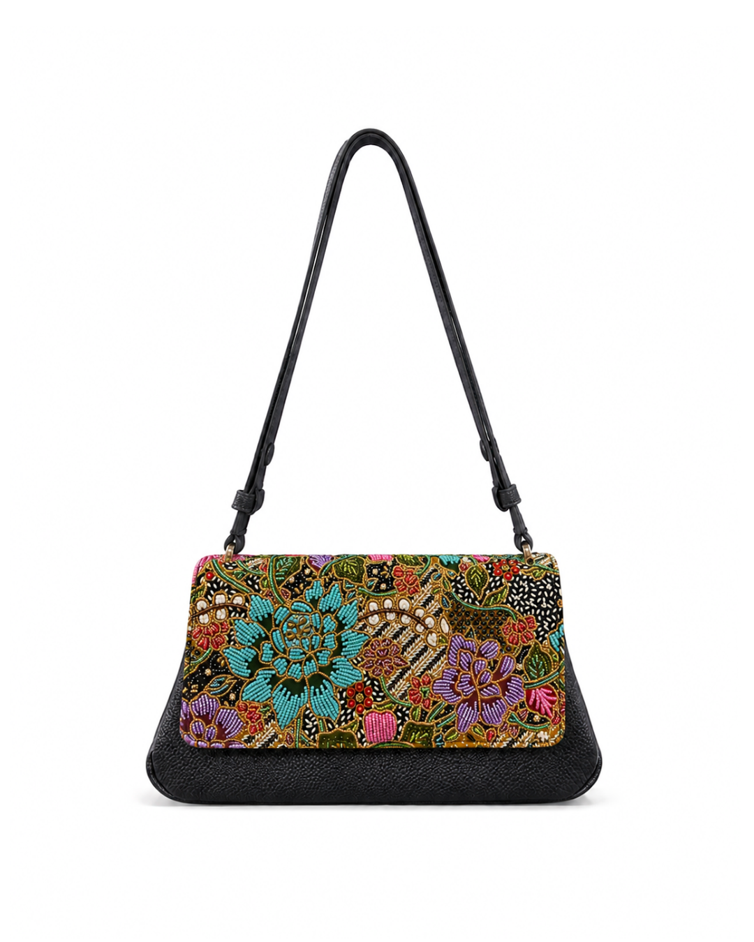 (CBLGB-PFTURPUR-BLK) Turquoise Purple Peony Flower Black Leather Gusset Shoulder & Crossbody Bag