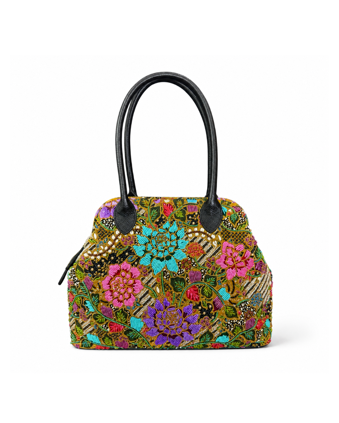 (SHBLDB-BLK-PF) Black Leather Doctor Bag Peony Flower