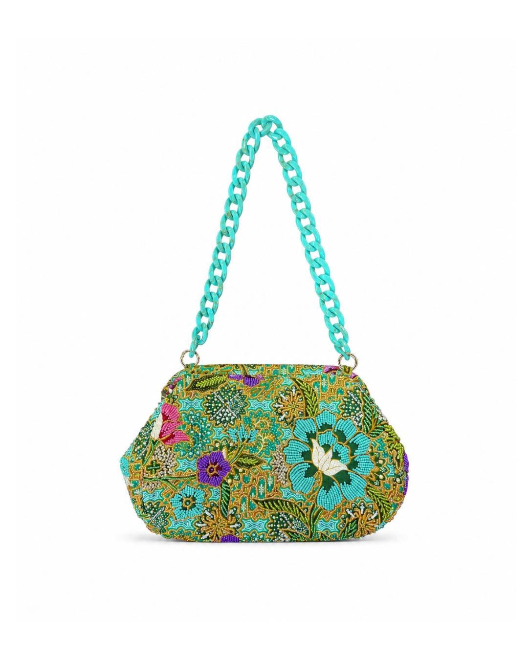 (SHBSRDB-TUR-PFTUR) Turquoise Small Round Doctor Bag Turquoise Peony Flower