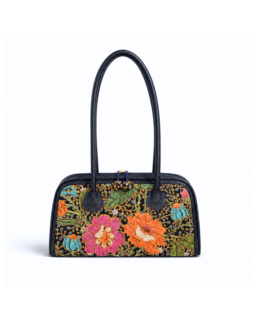 (TTCLBB-NBL-PF) Navy Blue Leather Boston Bag Peony Flower