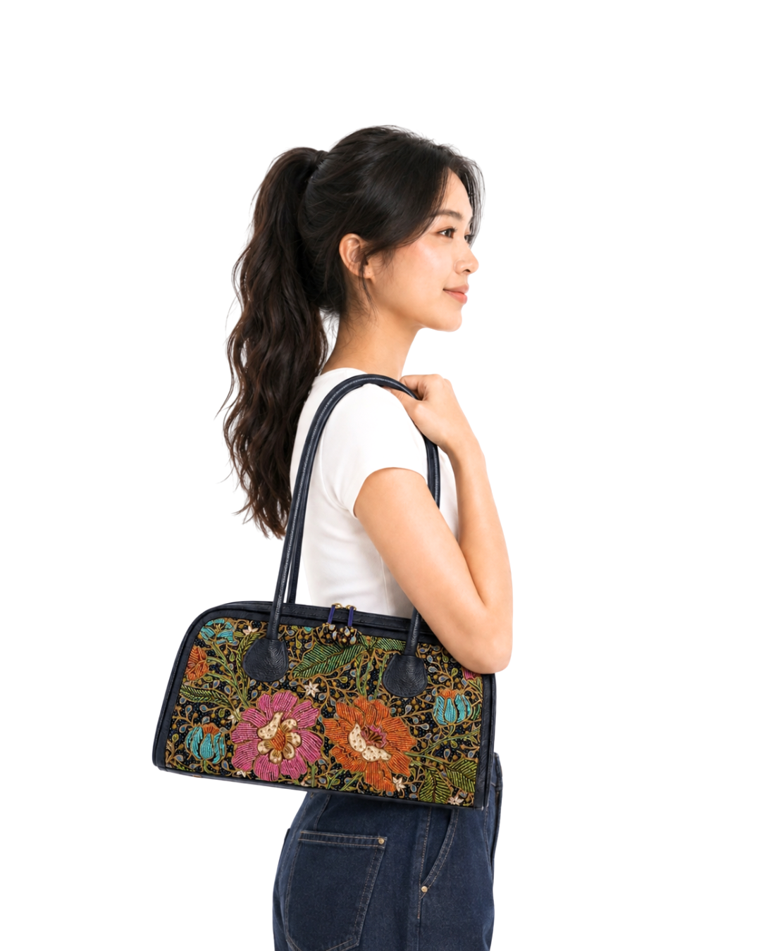 (TTCLBB-NBL-PF) Navy Blue Leather Boston Bag Peony Flower