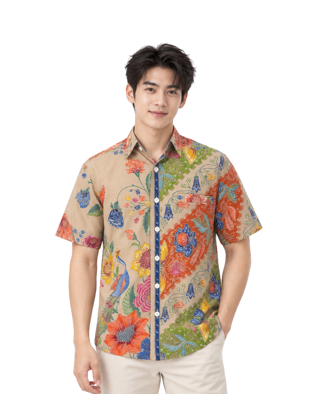 (SSPC-PET-BEI) Short Sleeve Pointed Collar Beige Peacock Hand-Drawn Batik Shirt
