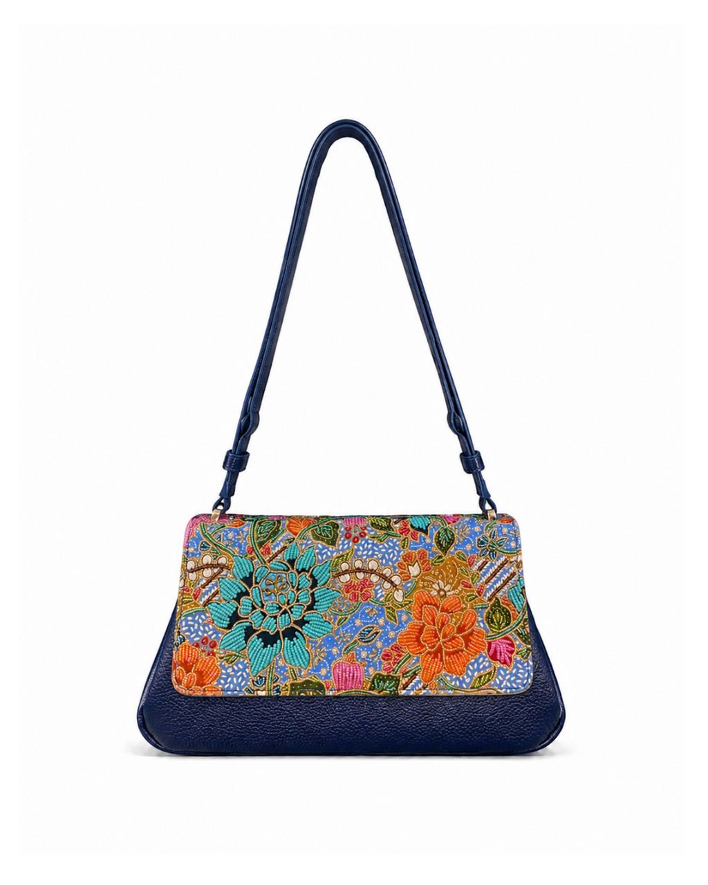 (SHBLGB-BLU-PFTURORG) Blue Leather Gusset Shoulder & Crossbody Bag Turquoise Orange Peony Flower
