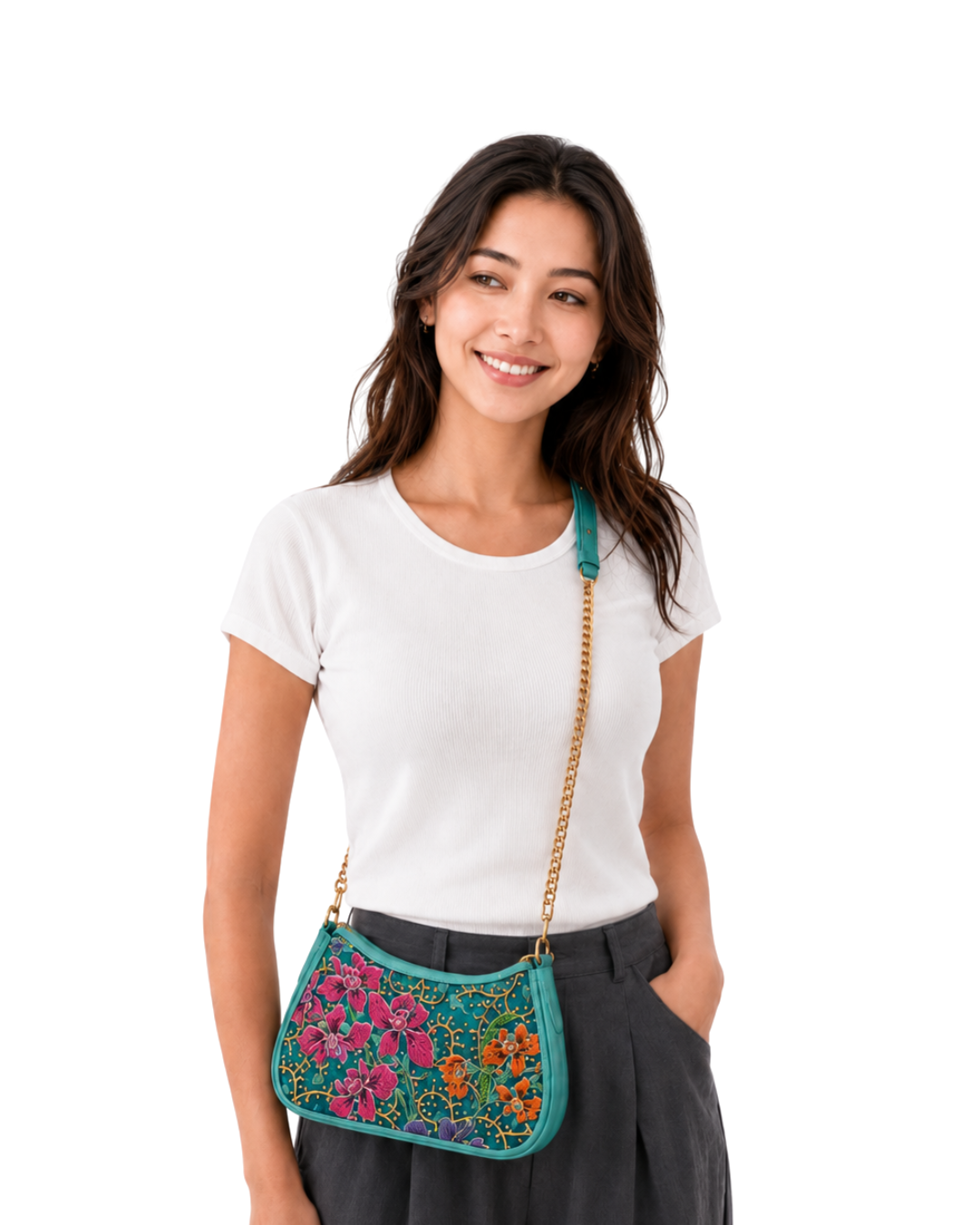 (SHBLSB-ORTURGRN-MAR) Orange Pink Orchid Turquoise Leather Shoulder Bag