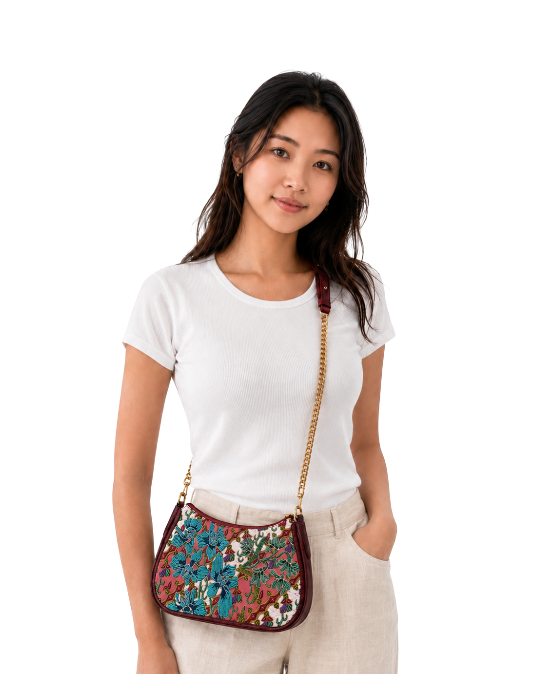 (SHBLSB-ORTURGRN-MAR) Turquoise Green Orchid Maroon Leather Shoulder Bag