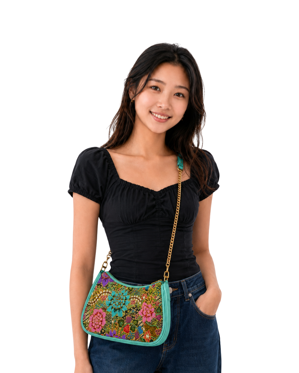 (SHBLSB-PF-TUR) Turquoise Peony Flower Leather Shoulder Bag