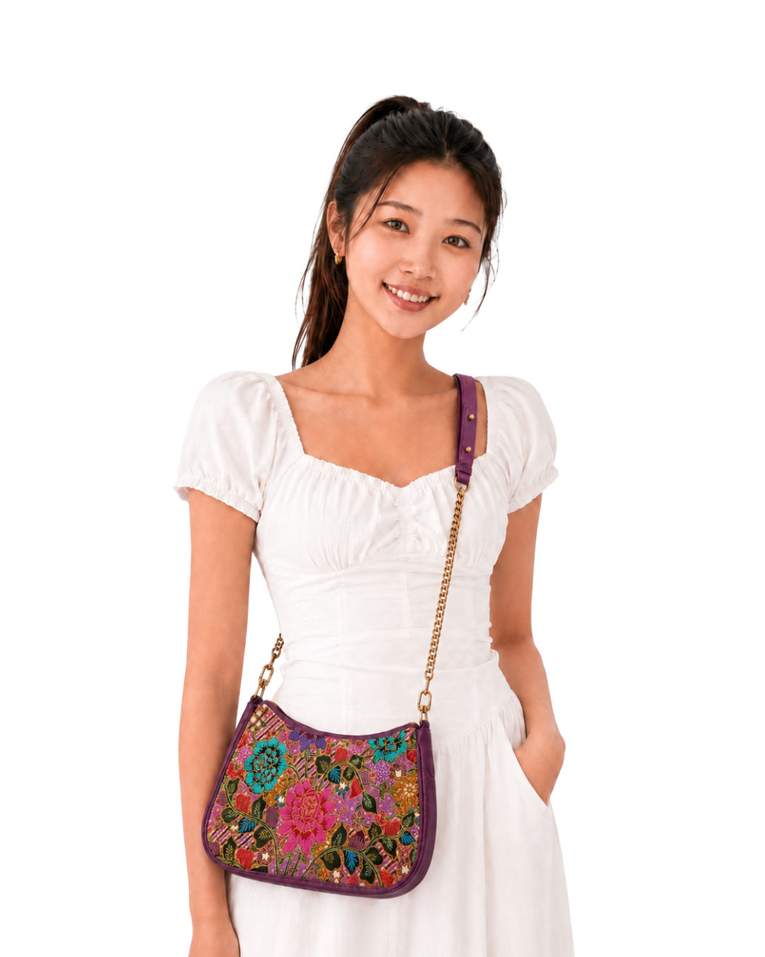 (SHBLSB-PF-PUR) Purple Peony Flower Leather Shoulder Bag