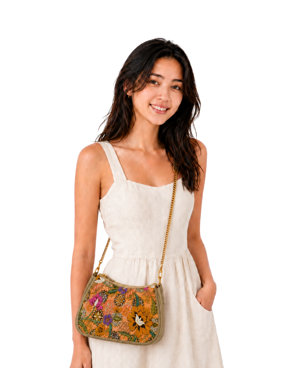 (SHBLSB-PF-BEI) Beige Peony Flower Leather Shoulder Bag