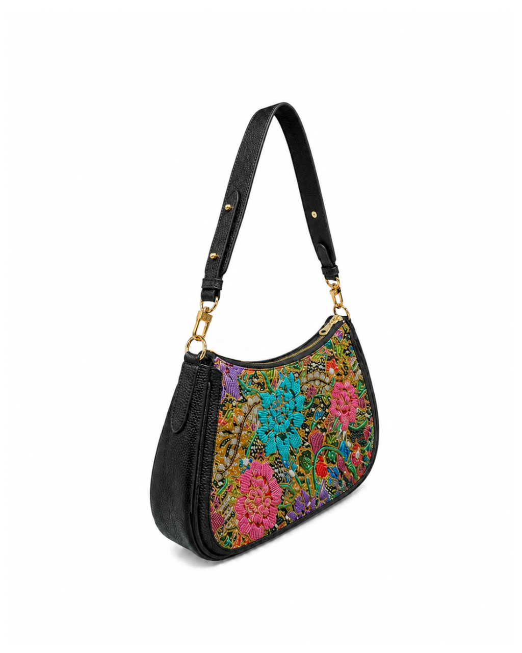 (SHBLSB-PF-BLK) Black Peony Flower Leather Shoulder Bag