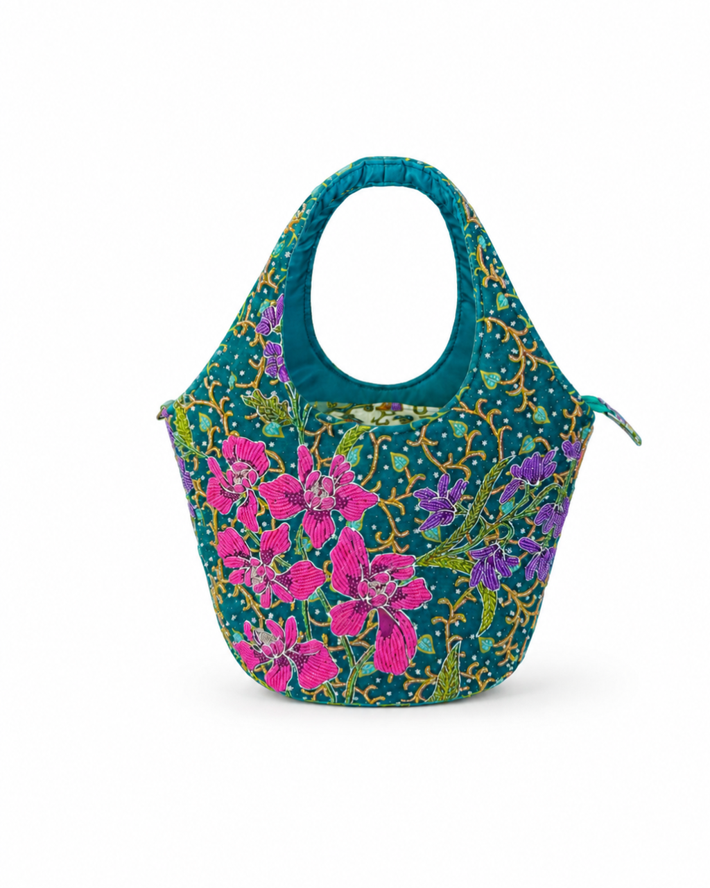 (TTCRTB-ORPNKPUR-TUR) Pink Purple Orchid Turquoise Round Tote Bag
